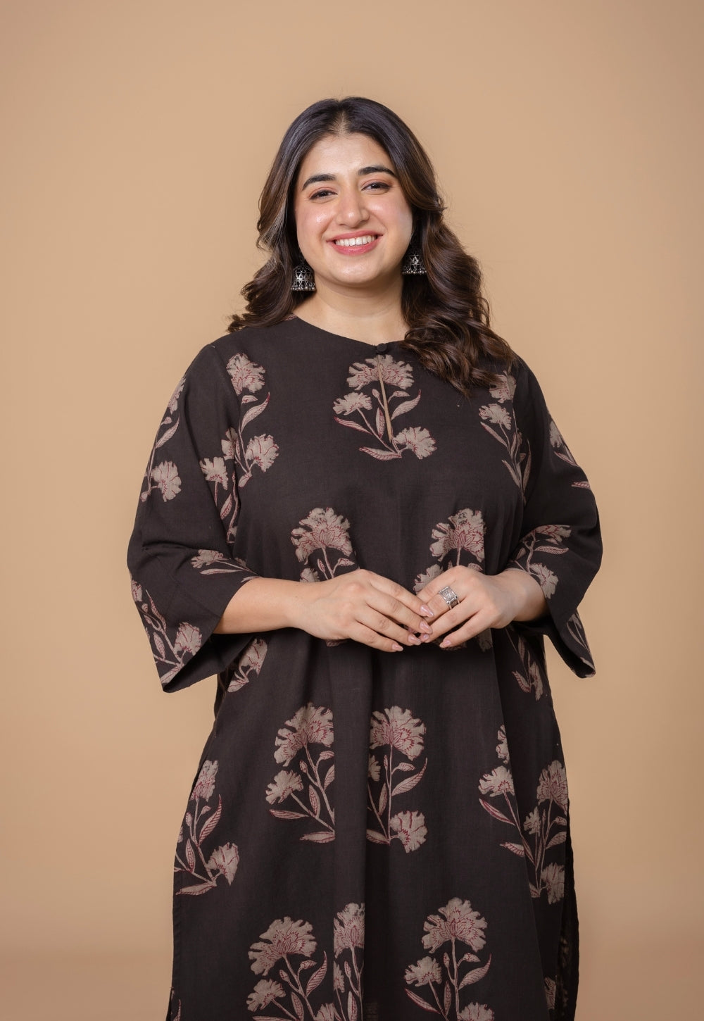 Zarina Brown Dabu Slub Cotton Straight Kurta