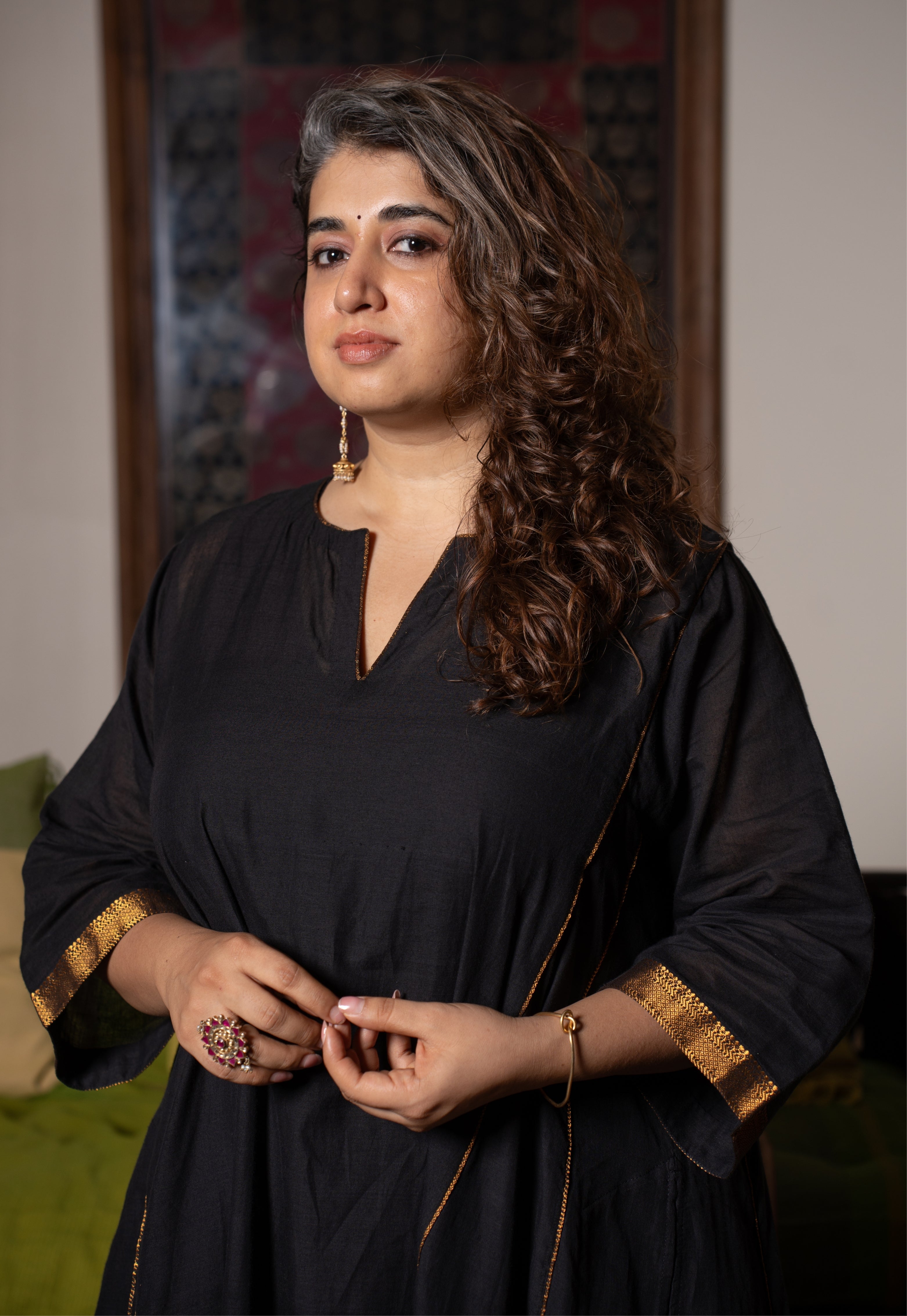 Nyra Black Mangalgiri Cotton Jhabbha Kali Kurta with Nizam Border