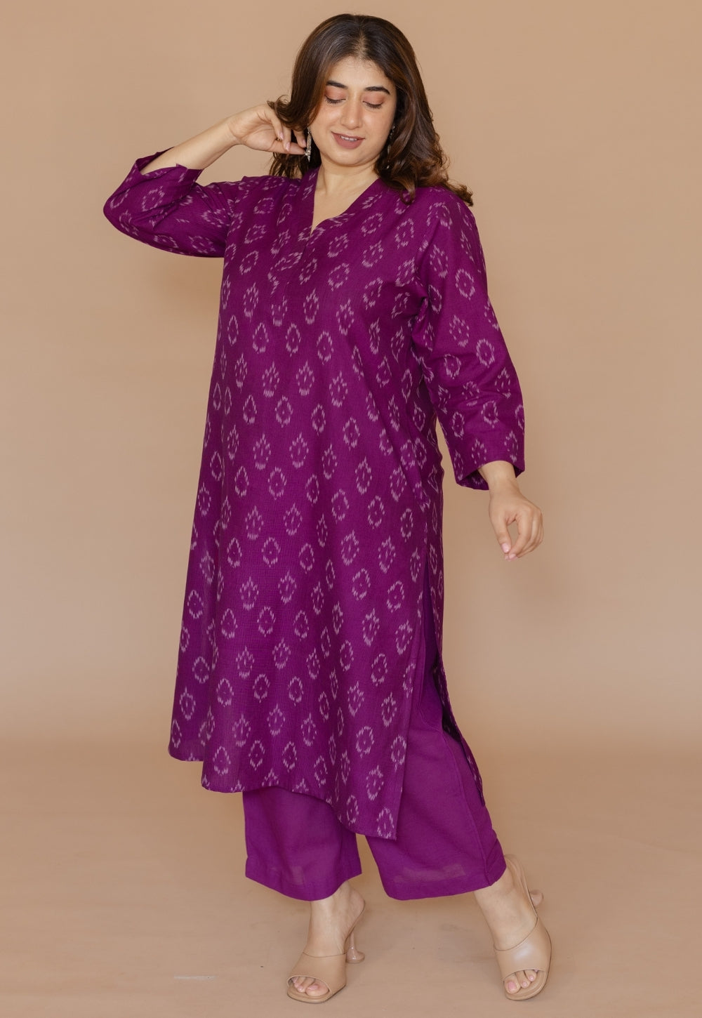 Avika Purple Handloom Ikkat Cotton Straight Kurta