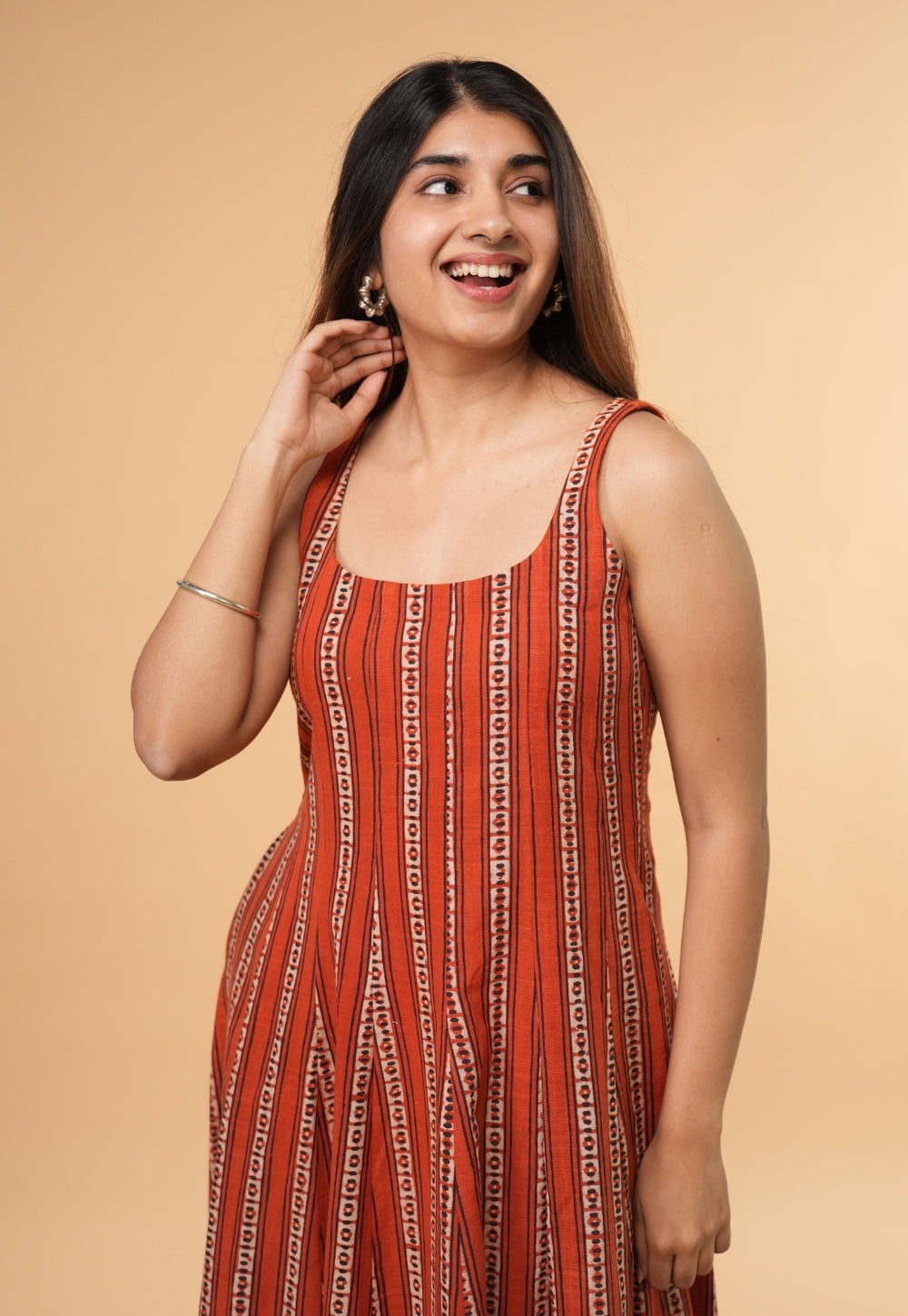 Arya Orange Dabu Slub Cotton A Line Dress