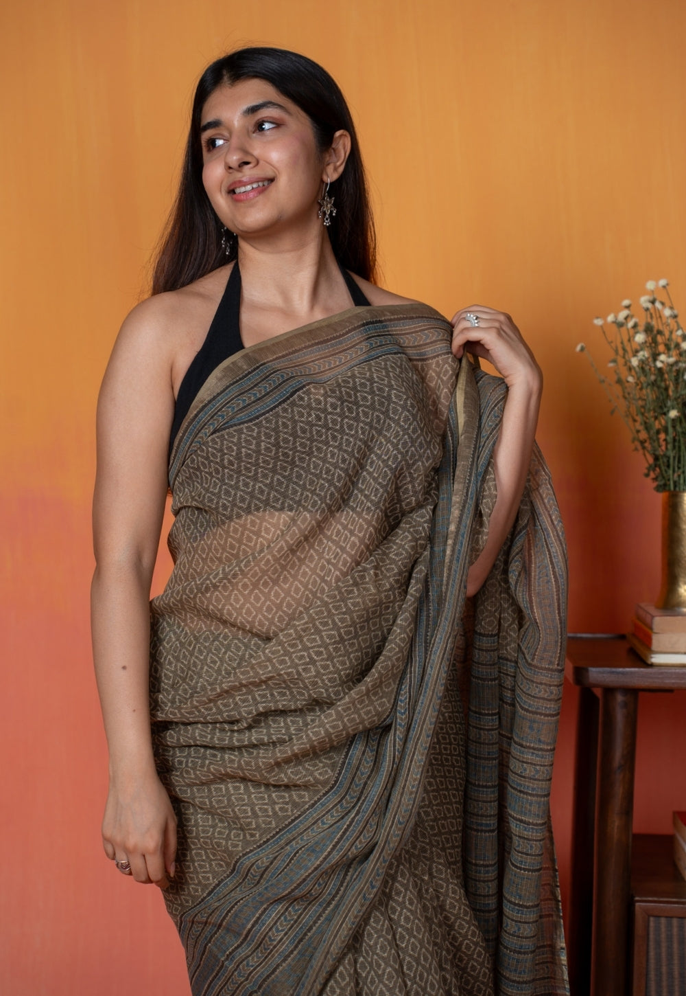 Grey Floral Border Ajrakh Hand Block Print Kota Doria Cotton Saree