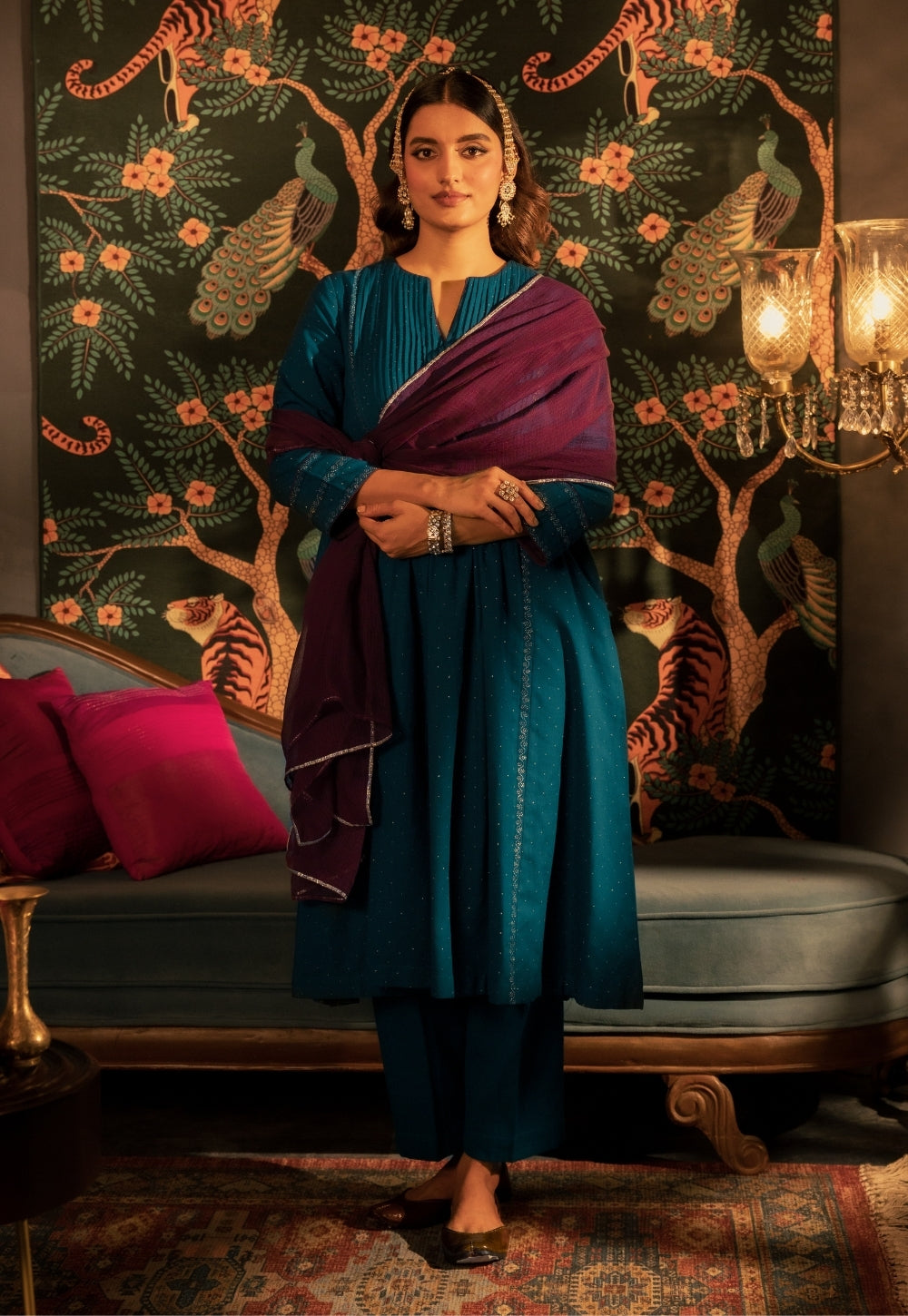 Jannat Blue Rogan Handblock Printed Cotton Flex Suit Set (Set of 3)