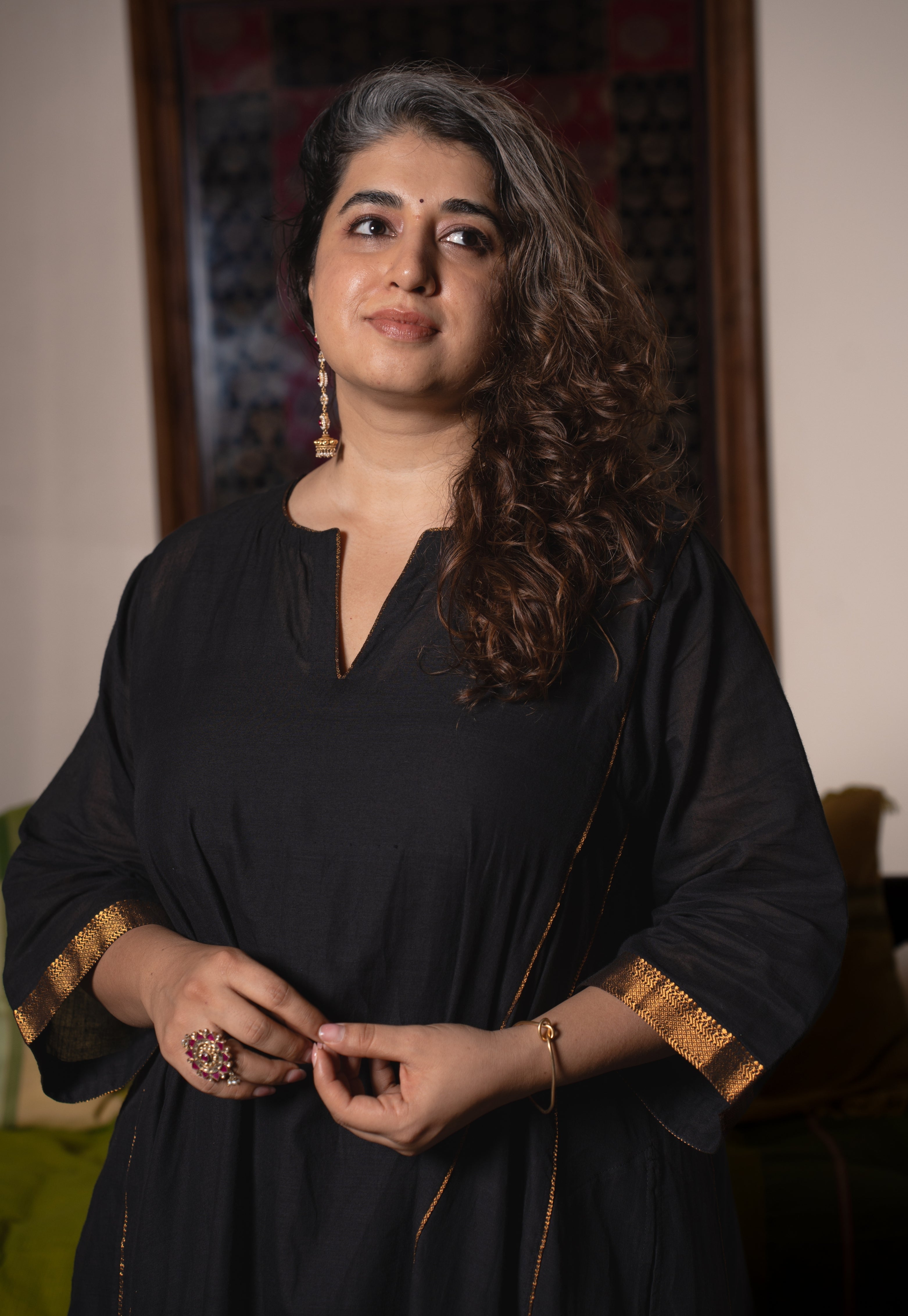 Nyra Black Mangalgiri Cotton Jhabbha Kali Kurta with Nizam Border
