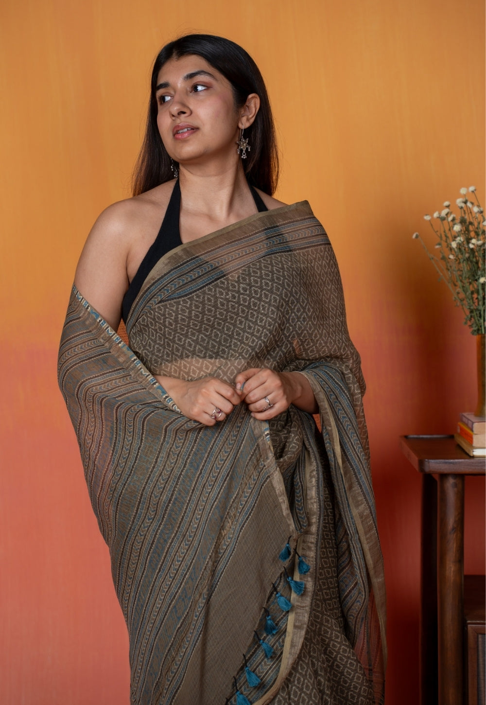 Grey Floral Border Ajrakh Hand Block Print Kota Doria Cotton Saree