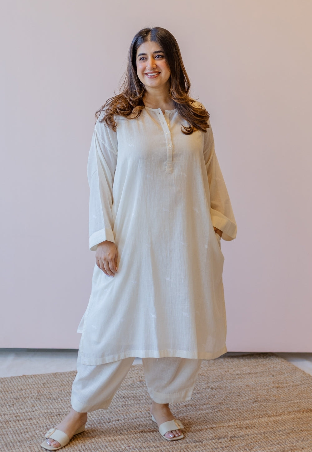 Naina Off White Jamdani Handloom Cotton Anti-Fit Kurta