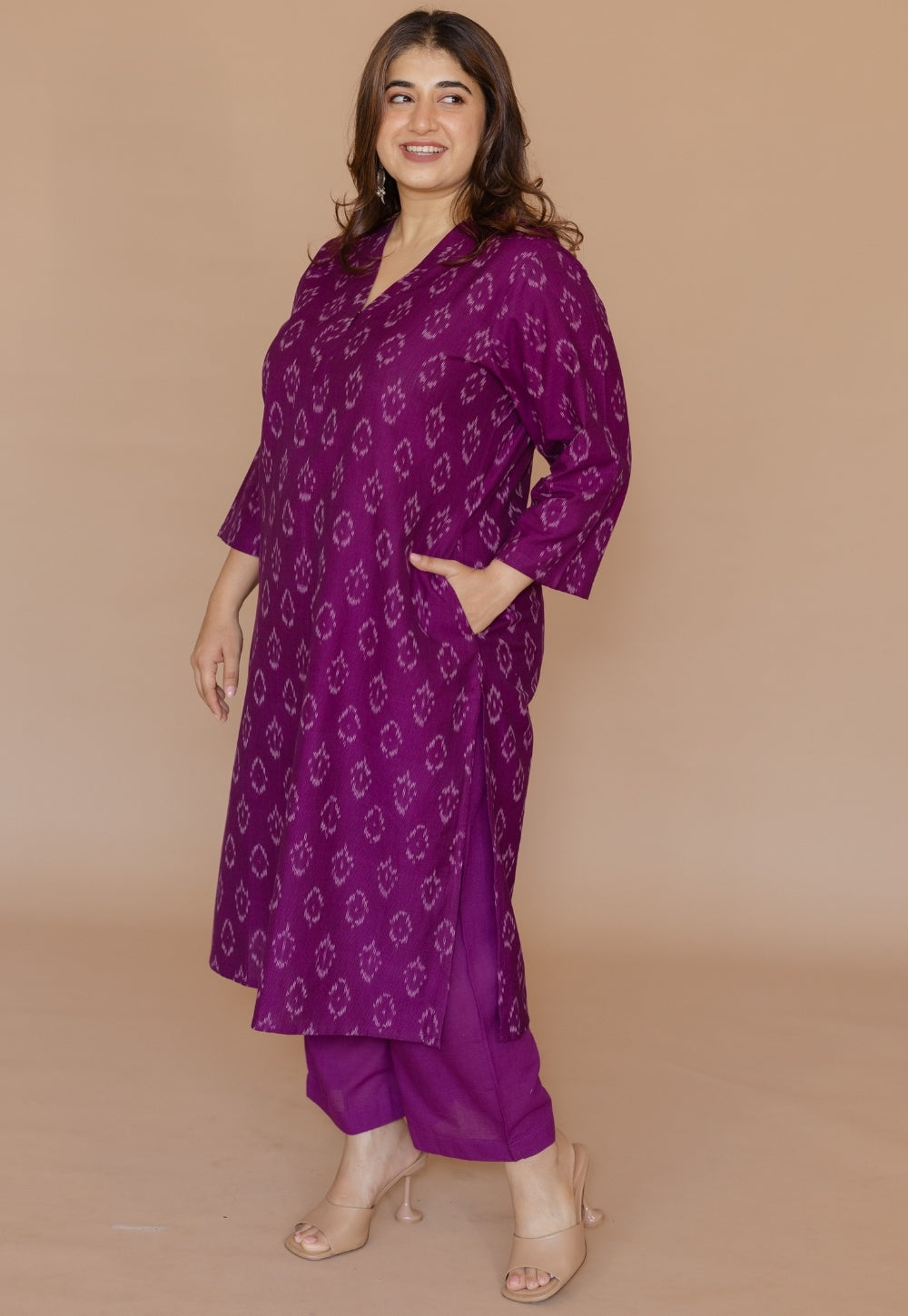 Avika Purple Handloom Ikkat Cotton Straight Kurta