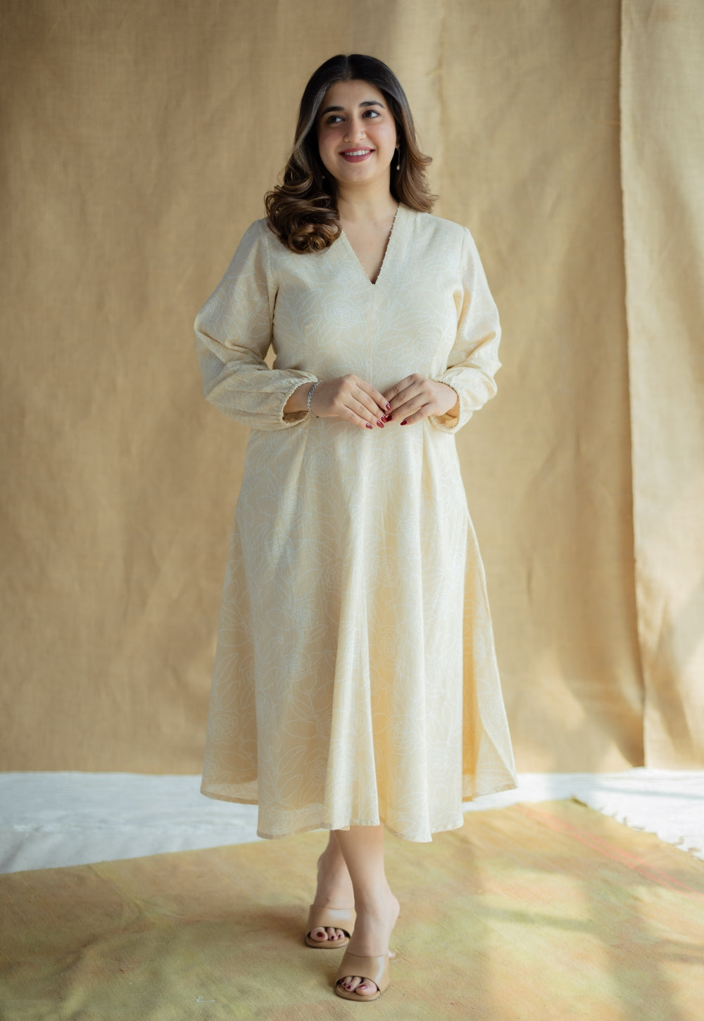 Eyza Cream Hand Block Print Slub Cotton A Line Dress with Hand Embroidery