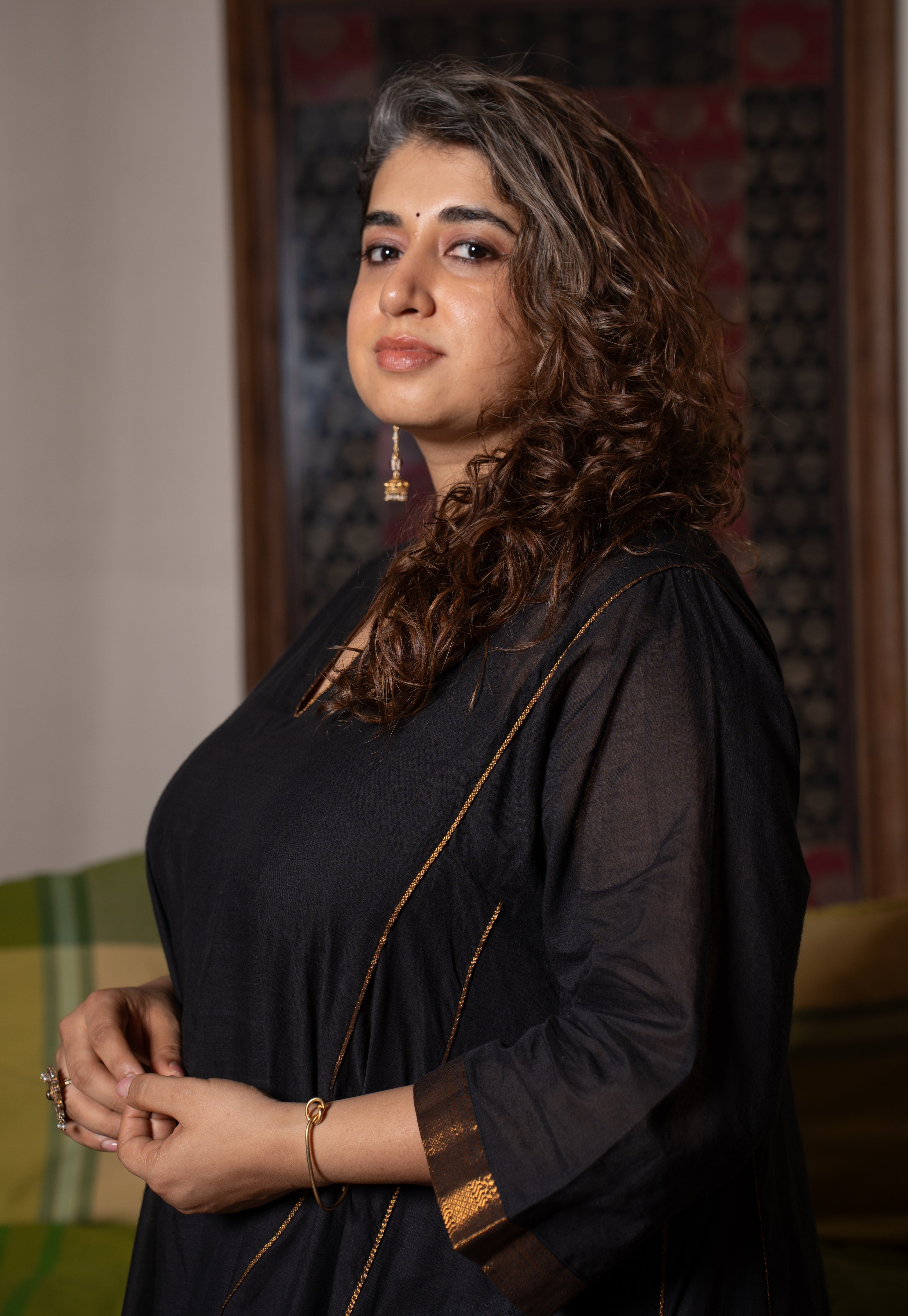 Nyra Black Mangalgiri Cotton Jhabbha Kali Kurta with Nizam Border