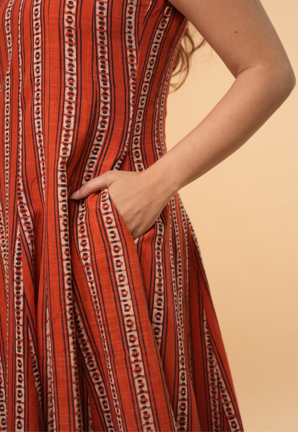 Arya Orange Dabu Slub Cotton A Line Dress