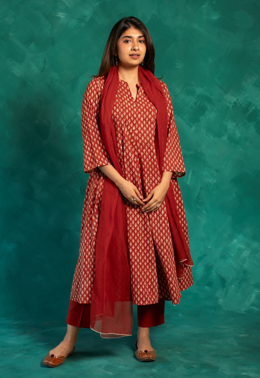 Viha Red Bagru Cotton Kali Kurta