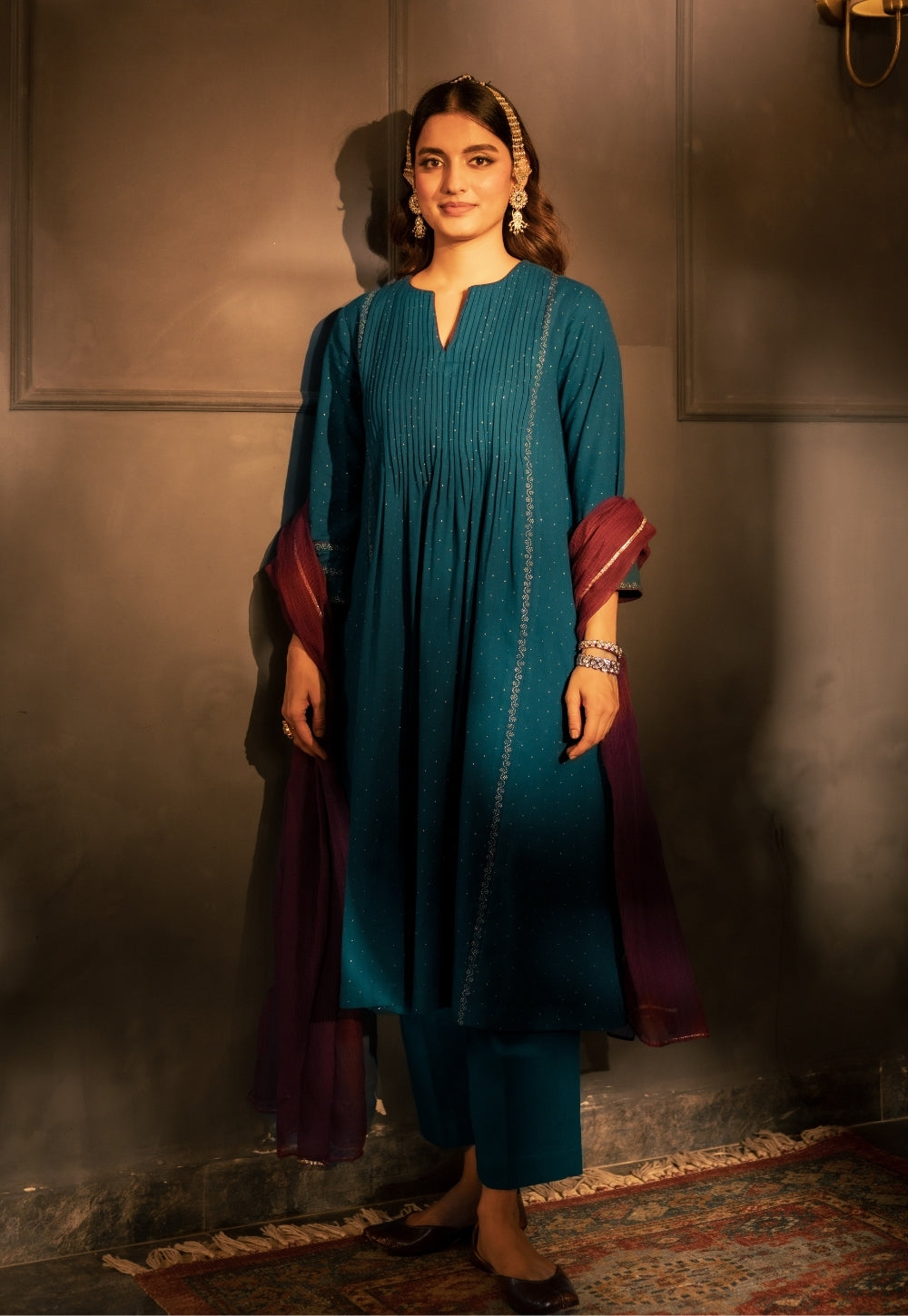 Jannat Blue Rogan Handblock Printed Cotton Flex Suit Set (Set of 3)