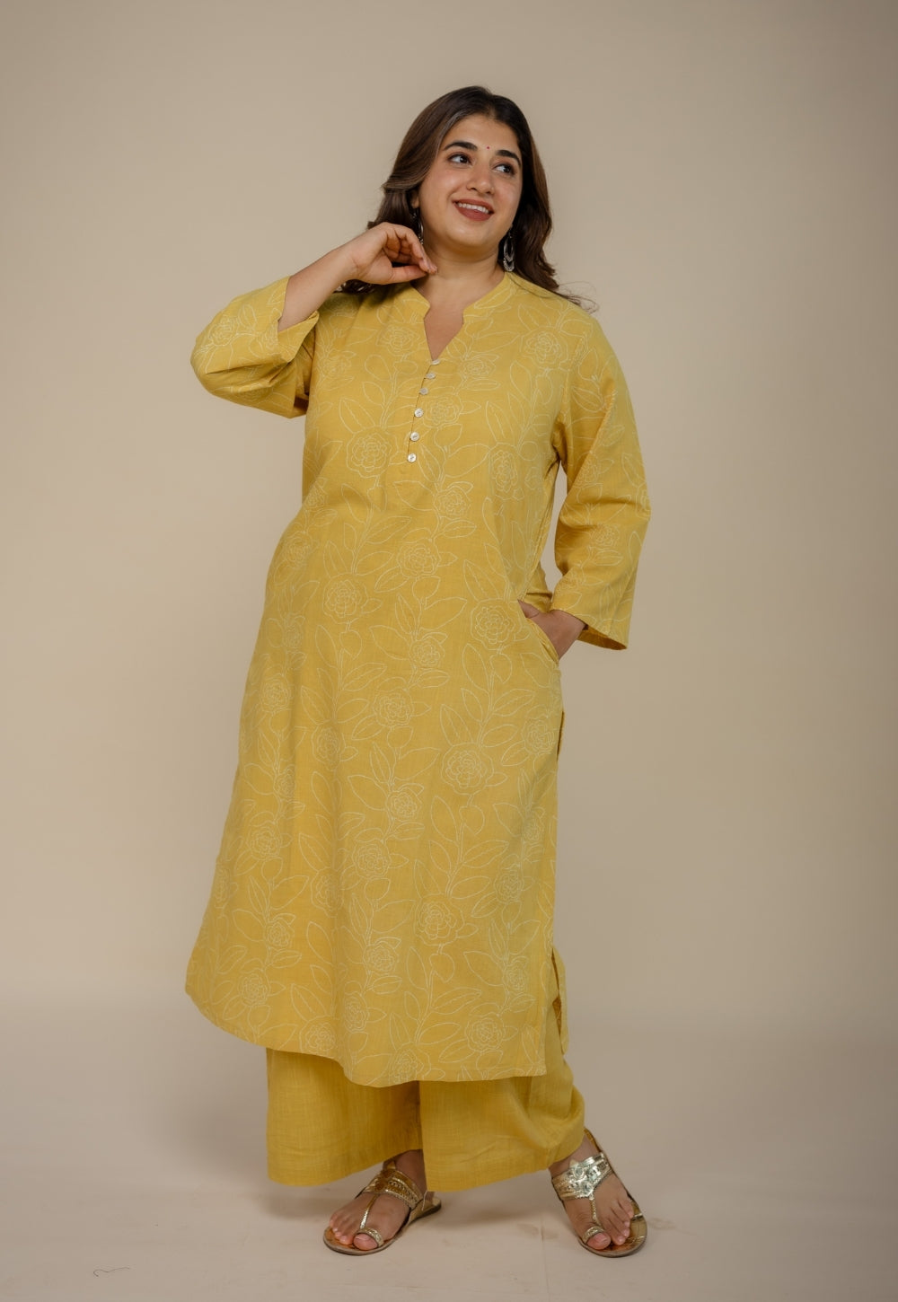 Afira Yellow Hand Block Print Slub Cotton Straight Kurta