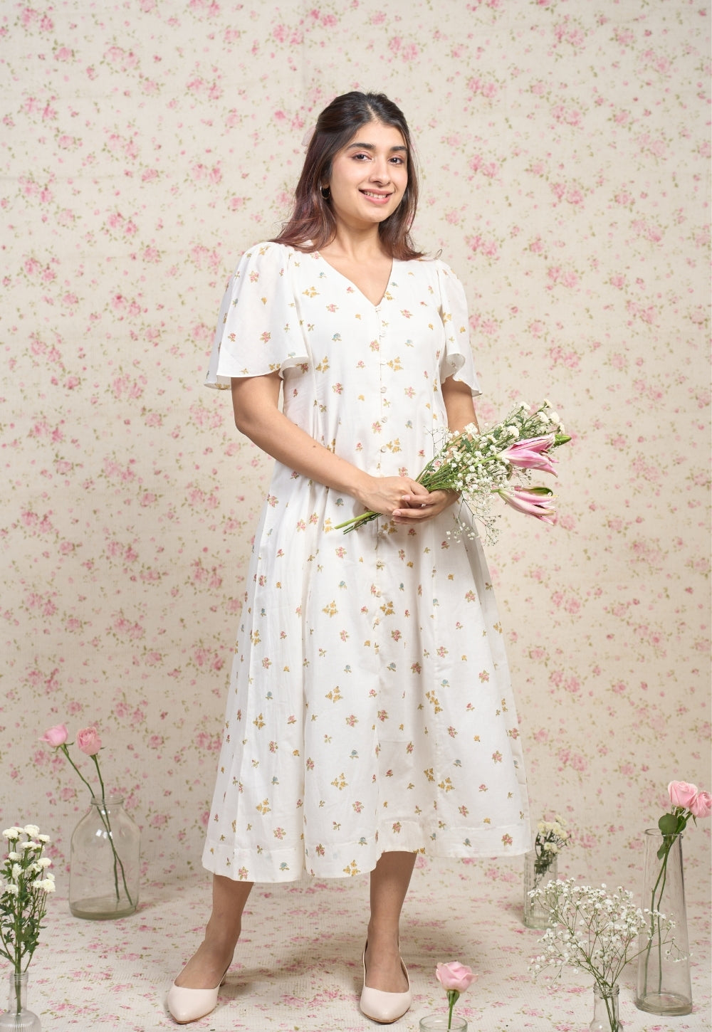 Sophia White Sangnaeri Mul Cotton A Line Dress