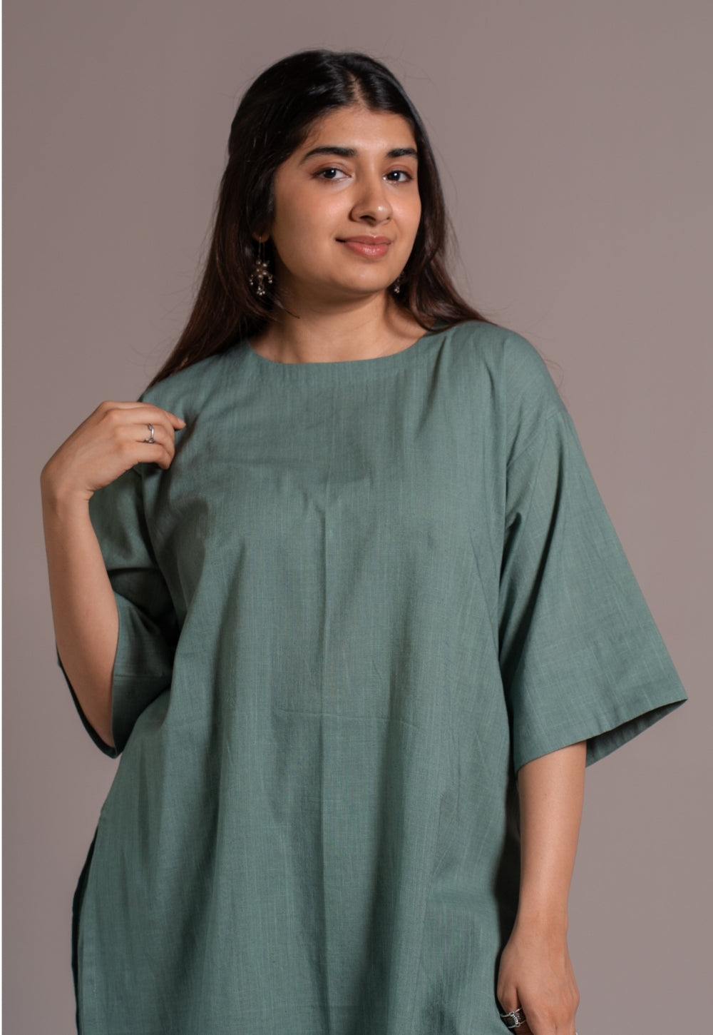 Dusty Teal Solid Slub Cotton Straight Kurta - DyeVerse