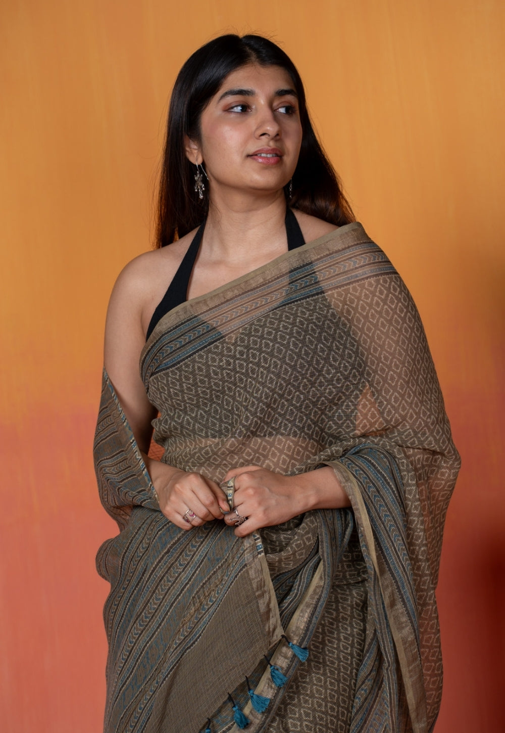 Grey Floral Border Ajrakh Hand Block Print Kota Doria Cotton Saree