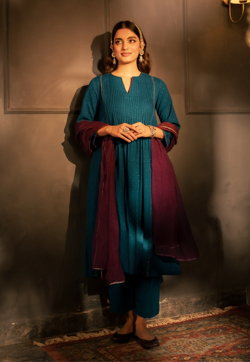 Jannat Blue Rogan Handblock Printed Cotton Flex Suit Set (Set of 3)