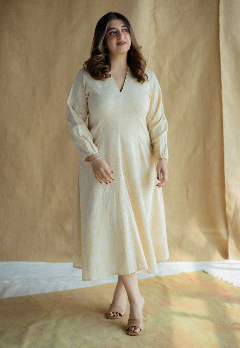 Eyza Cream Hand Block Print Slub Cotton A Line Dress with Hand Embroidery