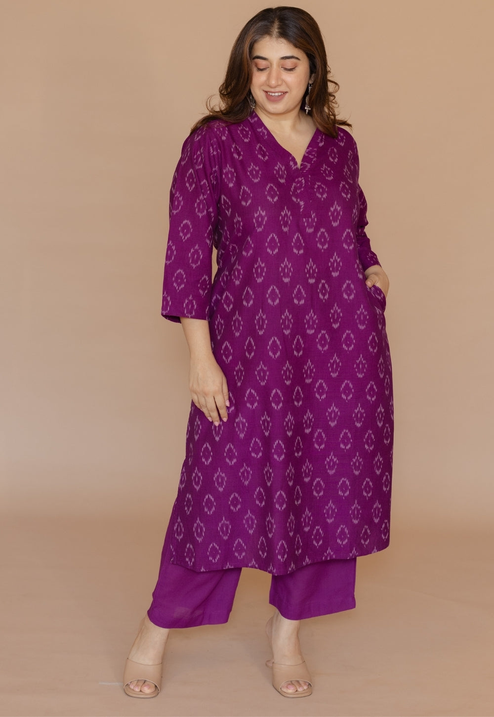 Avika Purple Handloom Ikkat Cotton Straight Kurta Set (Set of 2)