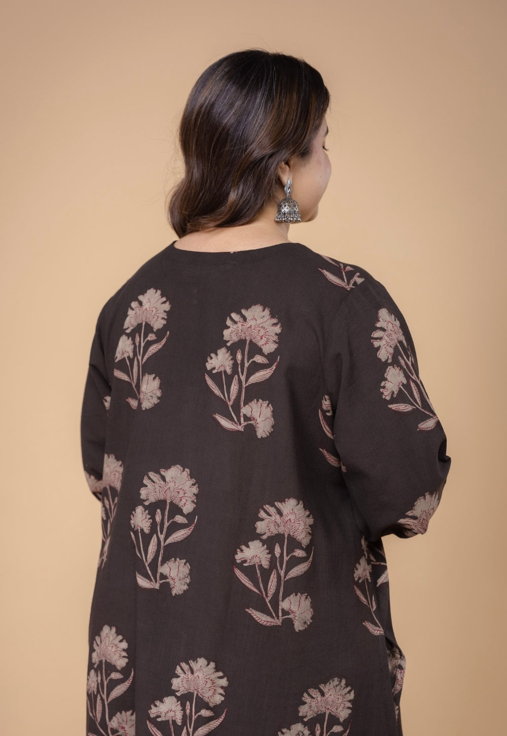 Zarina Brown Dabu Slub Cotton Straight Kurta