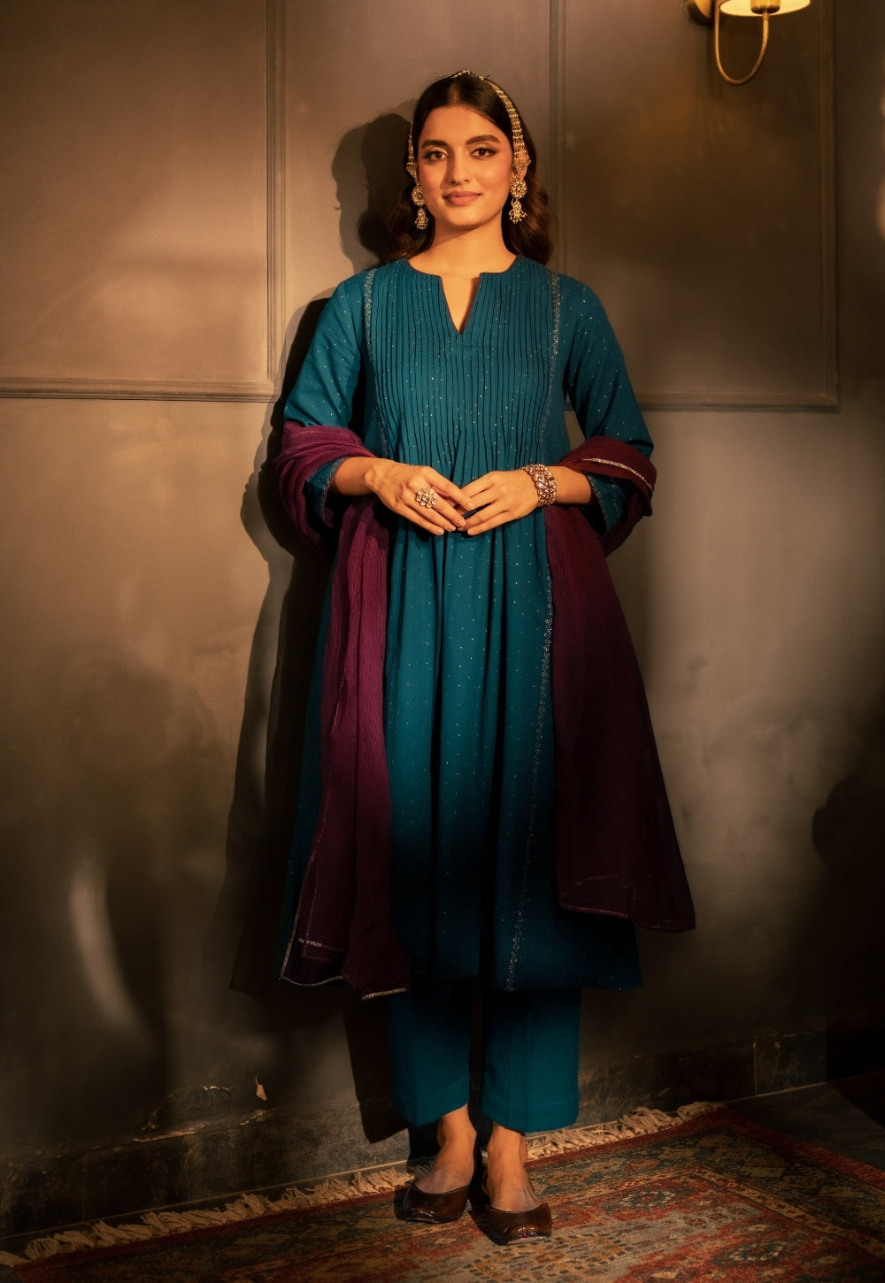 Jannat Blue Rogan Handblock Printed Cotton Flex Suit Set (Set of 3)