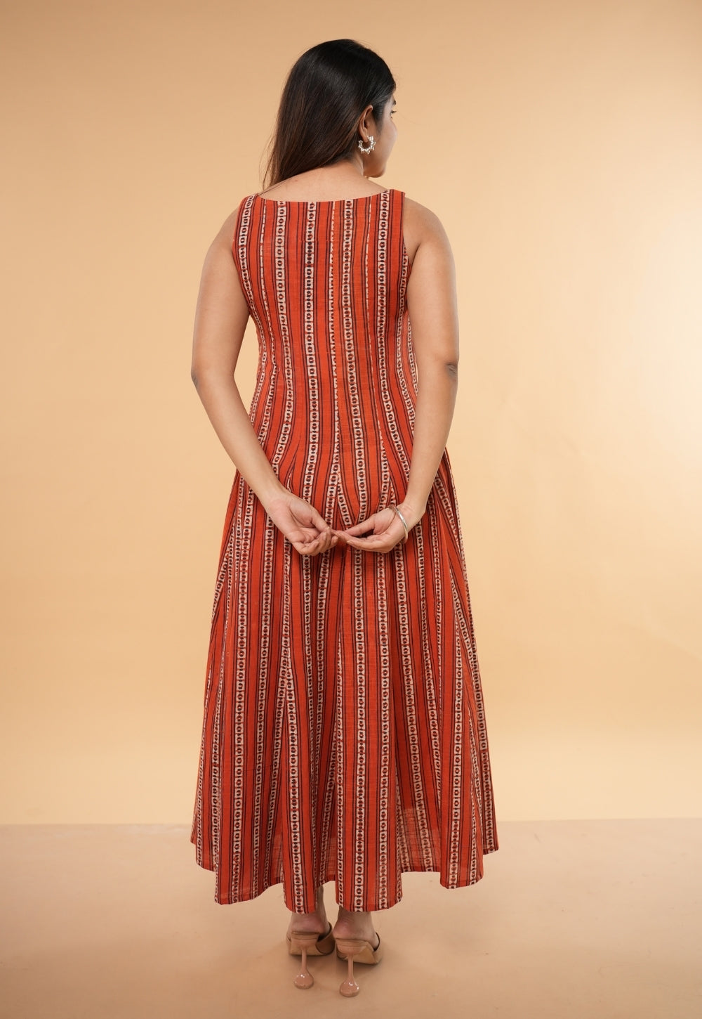 Arya Orange Dabu Slub Cotton A Line Dress