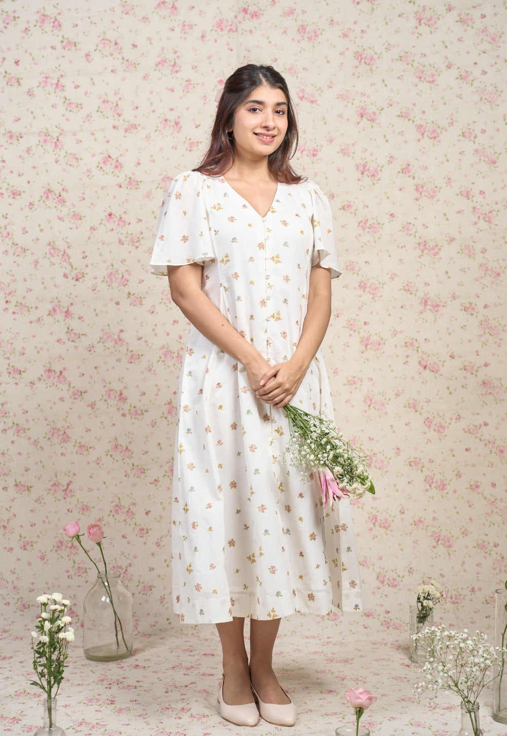 Sophia White Sangnaeri Mul Cotton A Line Dress