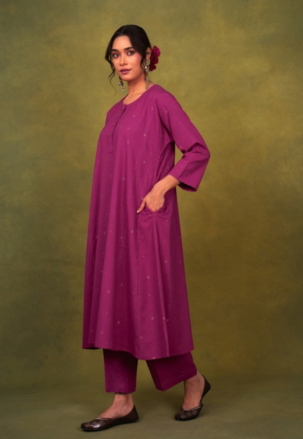 Alizah Pink Rogan Handblock Printed Cotton Jhabbha Kali Suit Set (Set of 3)