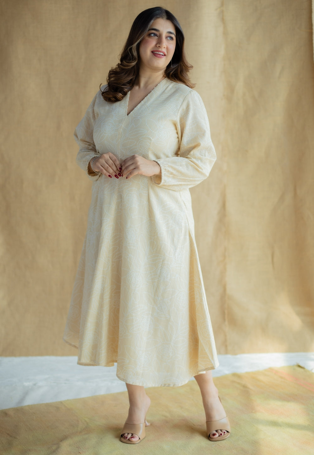Eyza Cream Hand Block Print Slub Cotton A Line Dress with Hand Embroidery