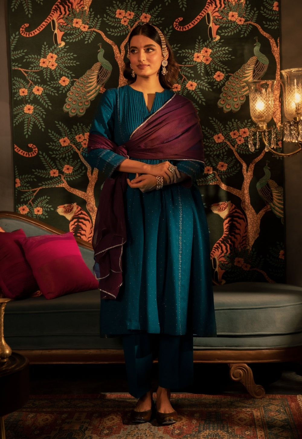 Jannat Blue Rogan Handblock Printed Cotton Flex Suit Set (Set of 3)