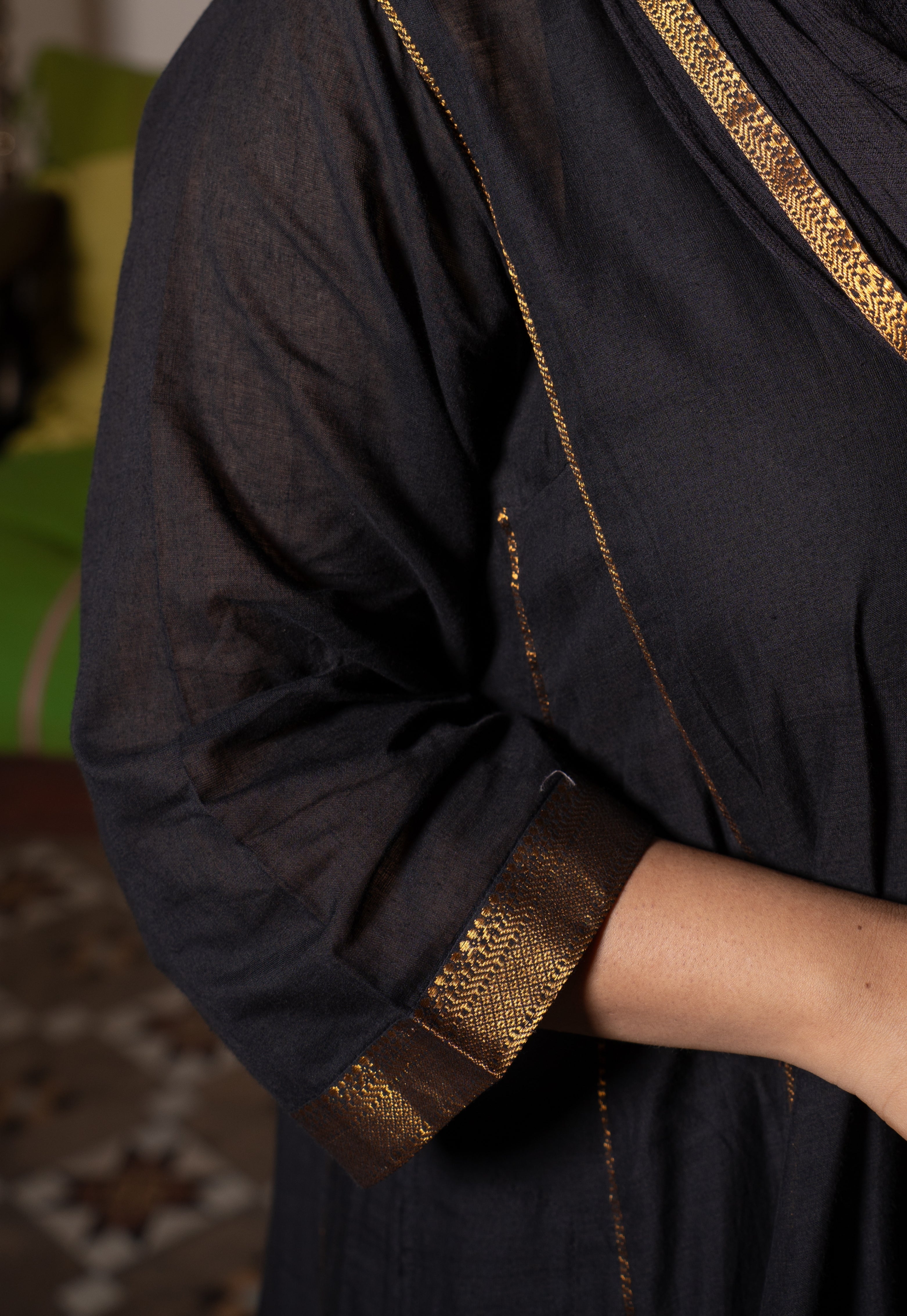 Nyra Black Mangalgiri Cotton Jhabbha Kali Kurta with Nizam Border