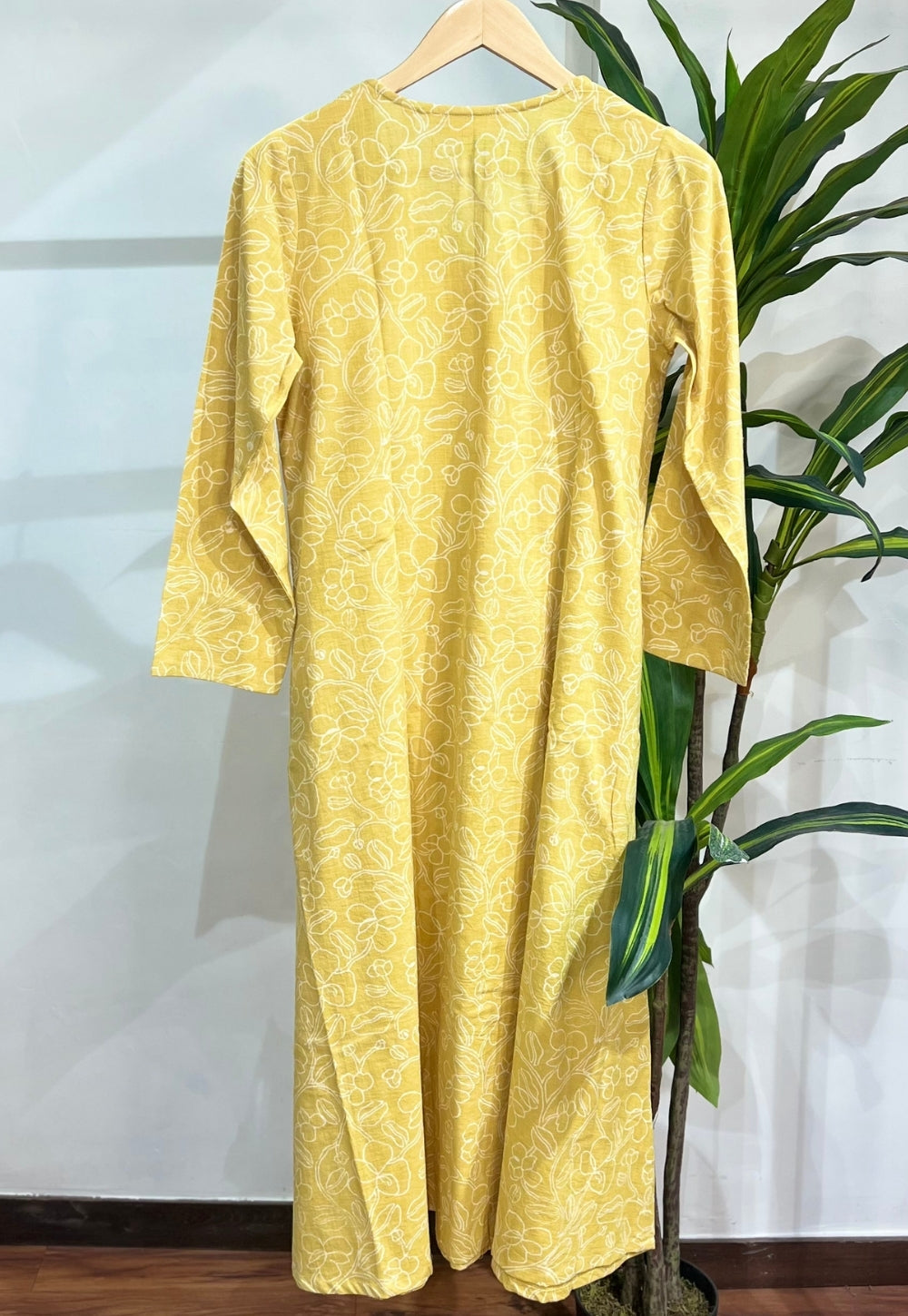 Aarti Mustard Hand Block Print Slub Cotton A Line Kurta with Hand Embroidery