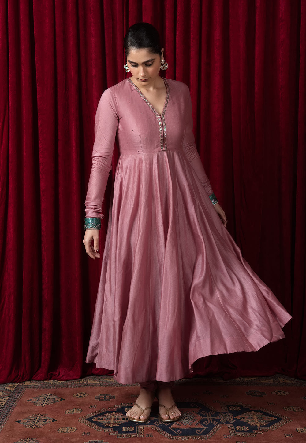 Husna Pink Solid Chanderi Silk Kali Kurta with Hand Embroidery