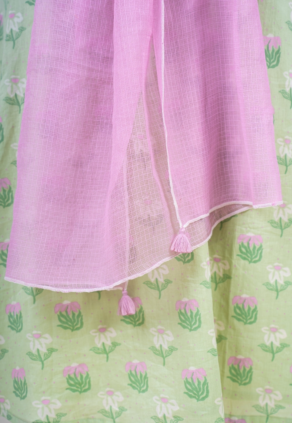 Mauve Solid Kota Doria Cotton Dupatta with Tassels