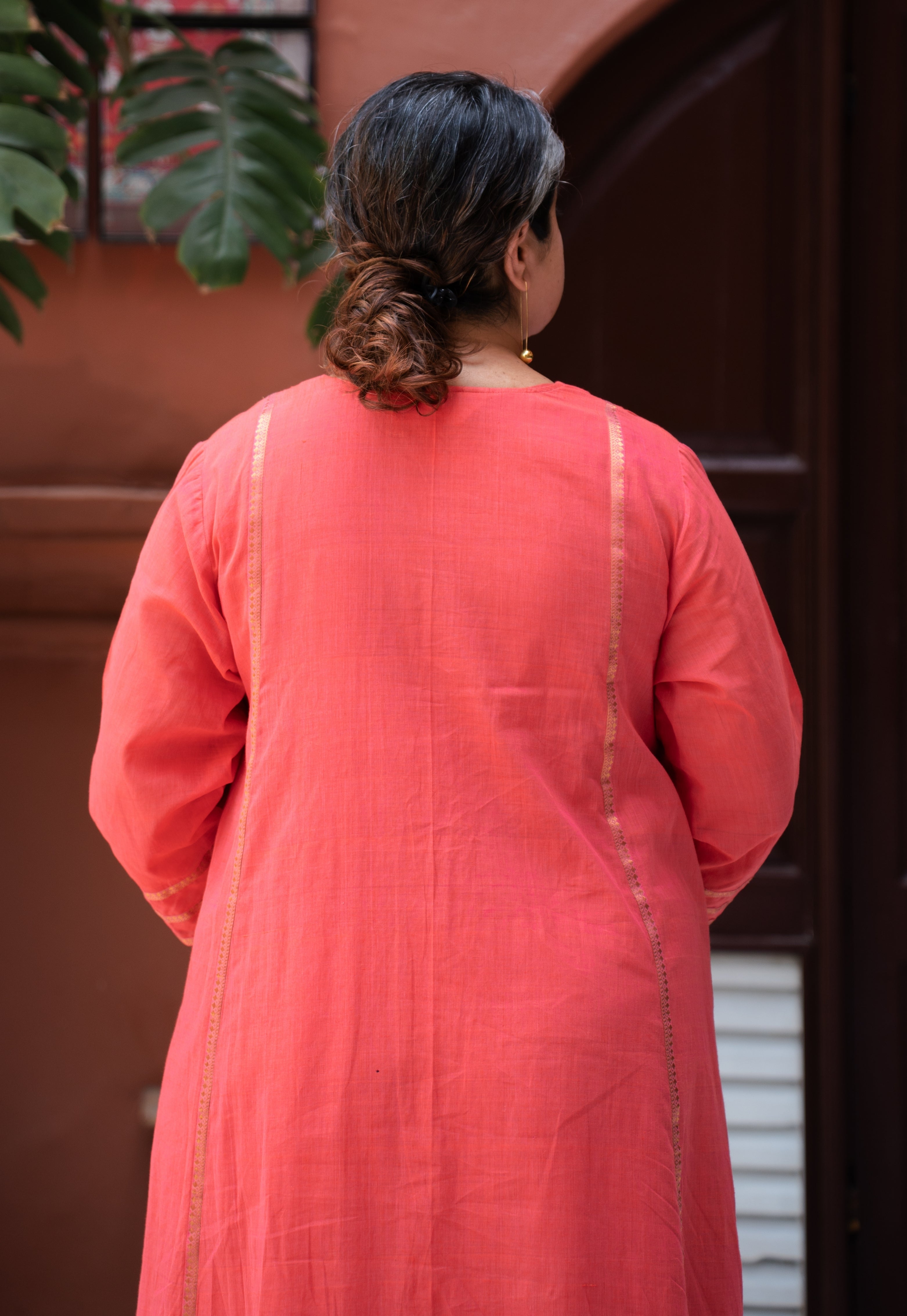 Ruhza Orange Mangalgiri Cotton Kali Kurta with Nizam Border