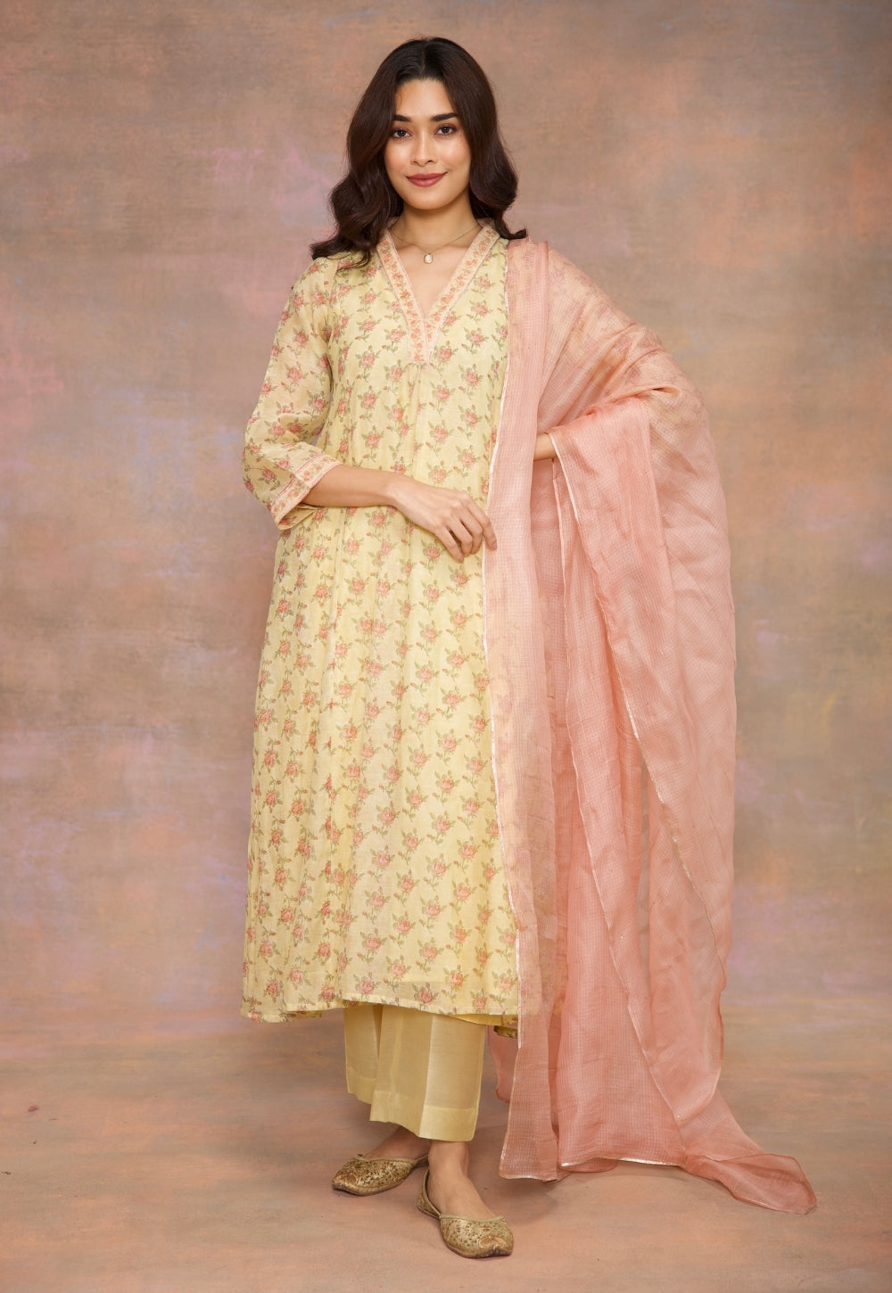 Peach Solid Kota Doria Silk Dupatta with Mukaish Detailing