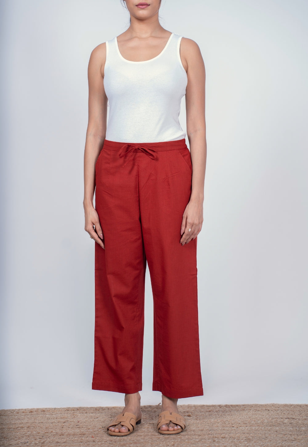 Yashi Red Solid Slub Cotton Straight Pant