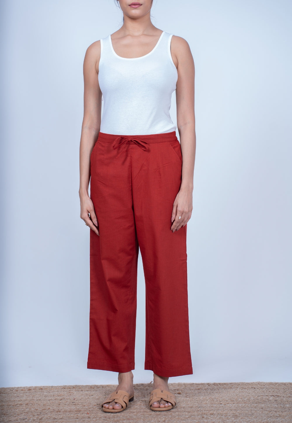 Yashi Red Solid Slub Cotton Straight Pant