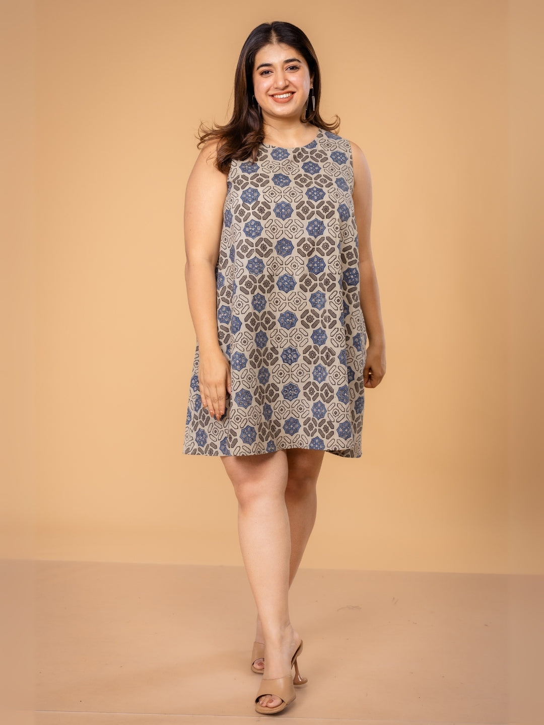 Inam Grey Ajrakh Cotton A Line Dress