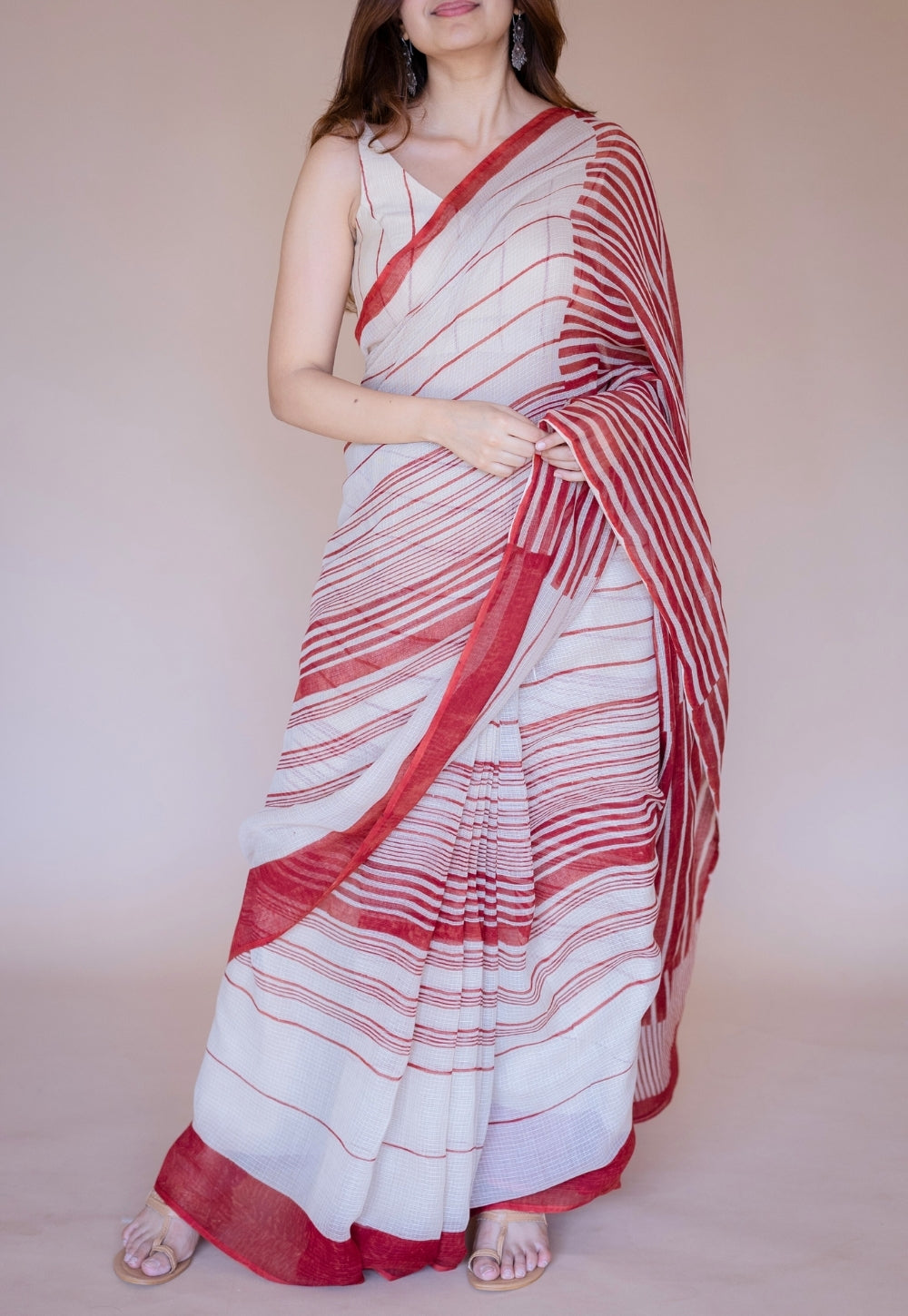 Off White Stripe Ajrakh Hand Block Print Kota Doria Cotton Saree