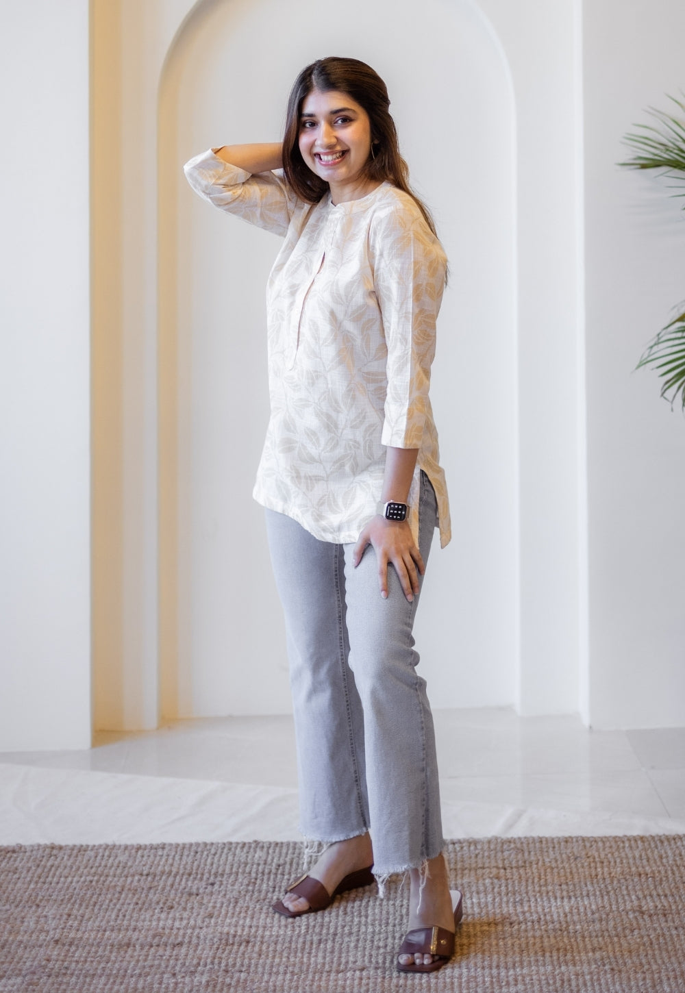 Zinia Beige Hand Block Print Slub Cotton Straight Short Top