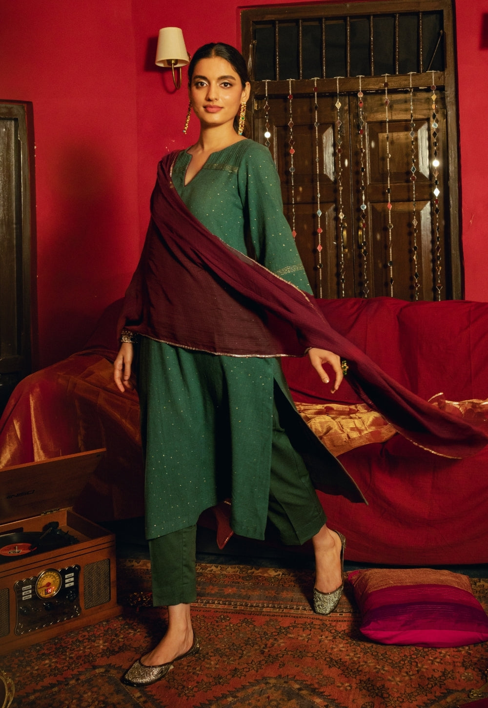 Ishira Green Rogan Handblock Printed Cotton Flex Suit Set (Set of 3)
