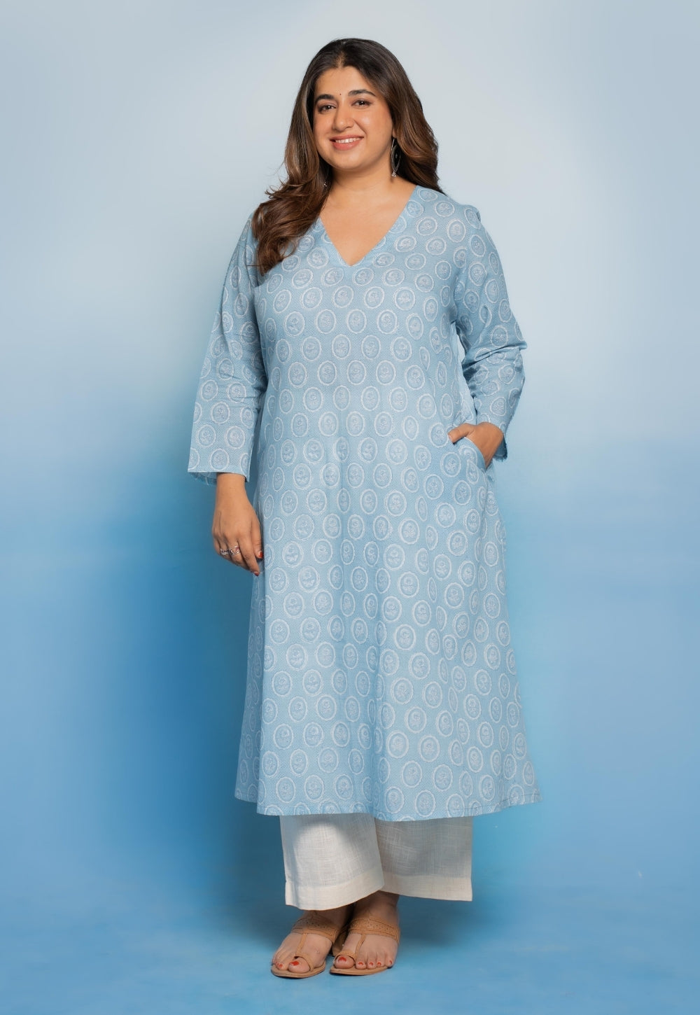 Rifaa Blue Dabu Mul Cotton A Line Kurta