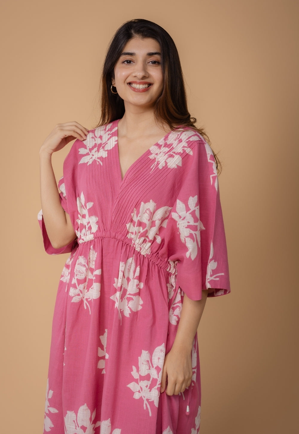 Jiana Pink Dabu Slub Cotton Kaftan Dress