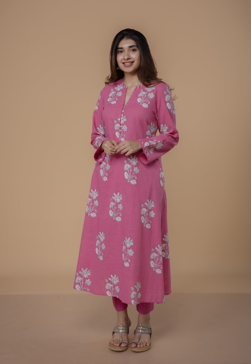 Prita Pink Solid Slub Cotton Narrow Pant