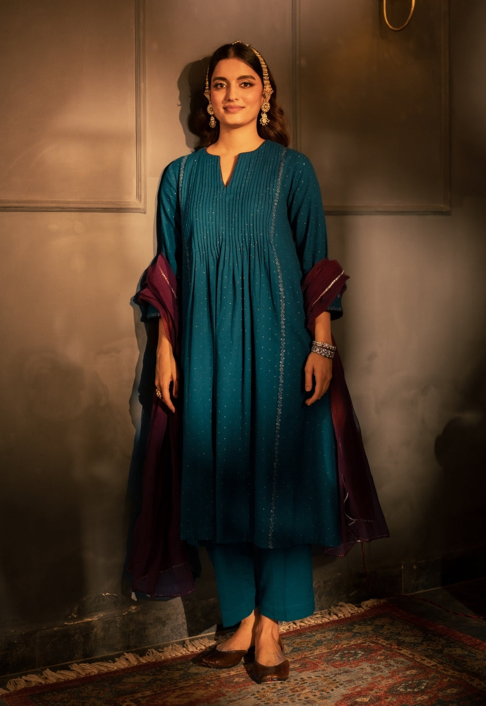 Jannat Blue Rogan Handblock Printed Cotton Flex Suit Set (Set of 3)