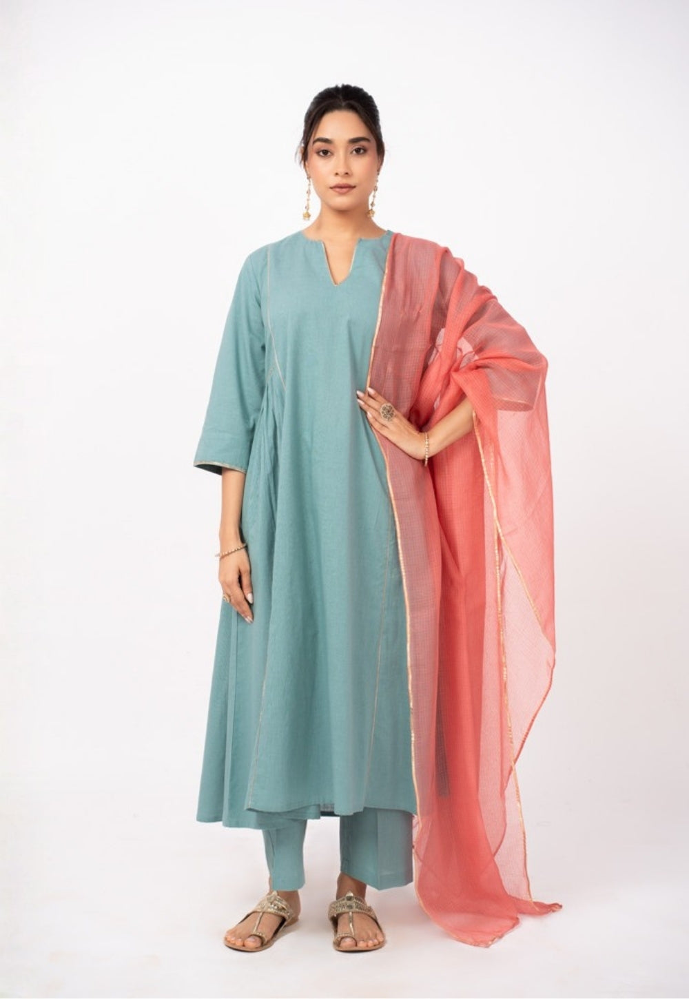 Tamanna Blue Solid Slub Cotton Kali Kurta Suit Set with Solid Dupatta (Set of 3)