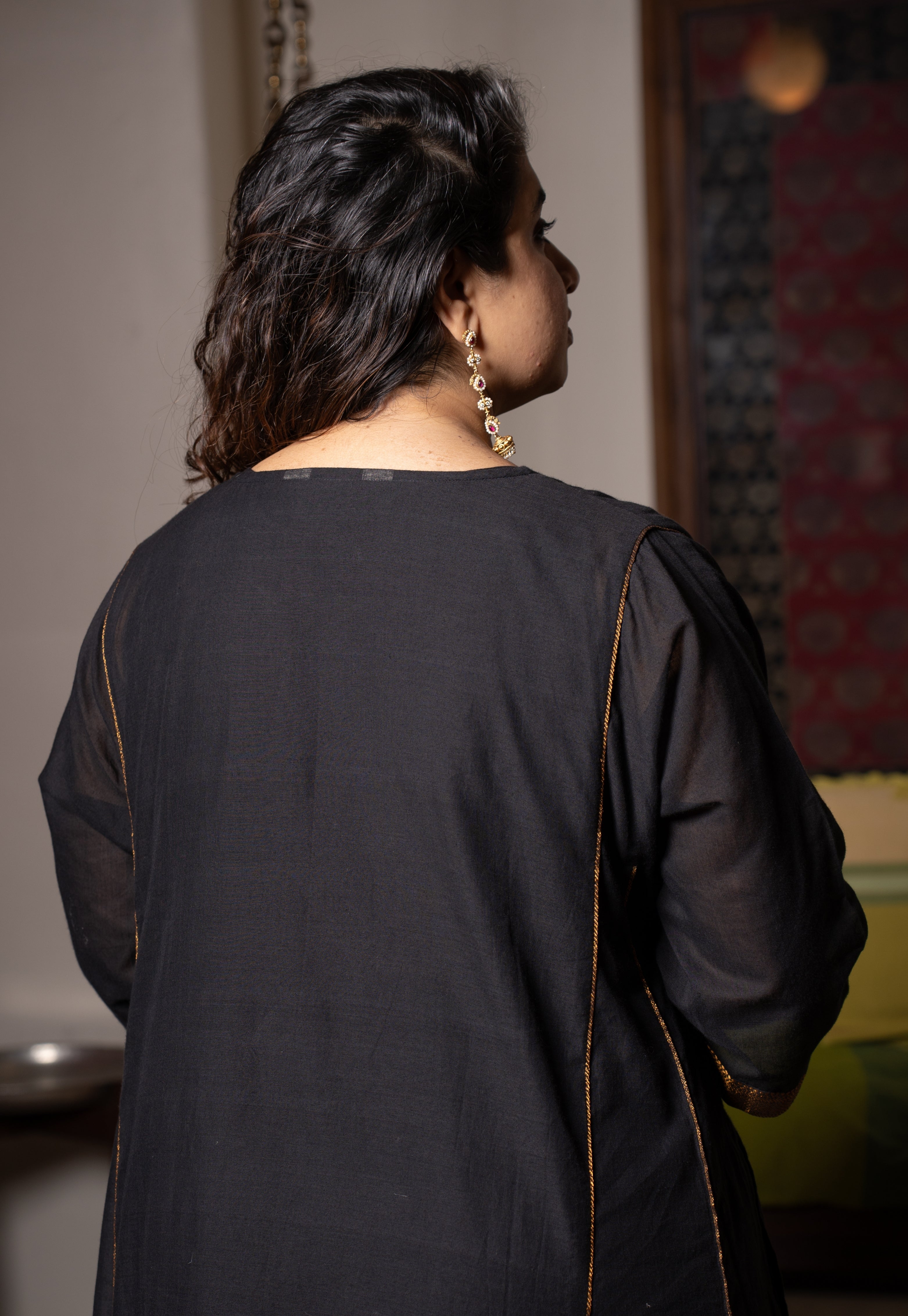 Nyra Black Mangalgiri Cotton Jhabbha Kali Kurta with Nizam Border