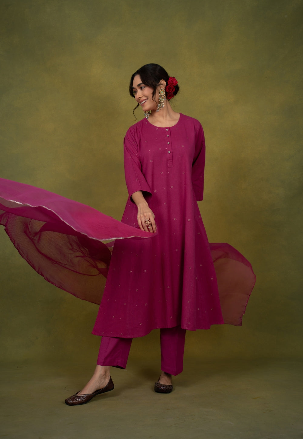 Alizah Pink Rogan Handblock Printed Cotton Jhabbha Kali Suit Set (Set of 3)