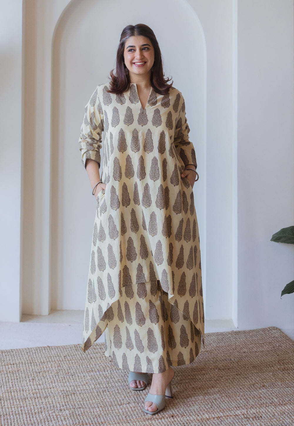 Priya Beige Ajrakh Cotton Asymmetrical Co-Ord Set