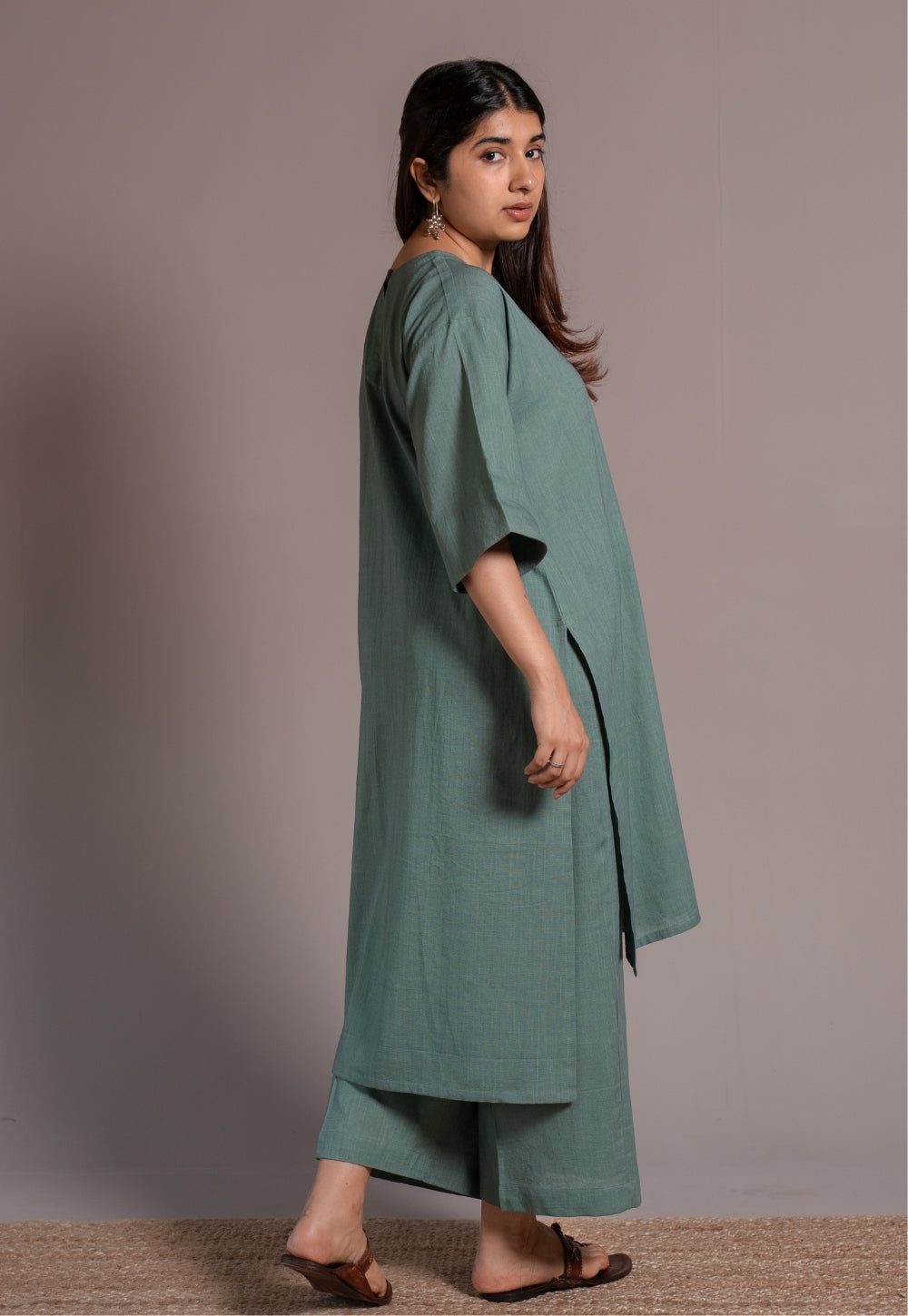 Dusty Teal Solid Slub Cotton Straight Kurta - DyeVerse